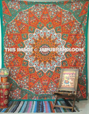 orange green star mandala tapestry psychedelic dorm room tapestry poster