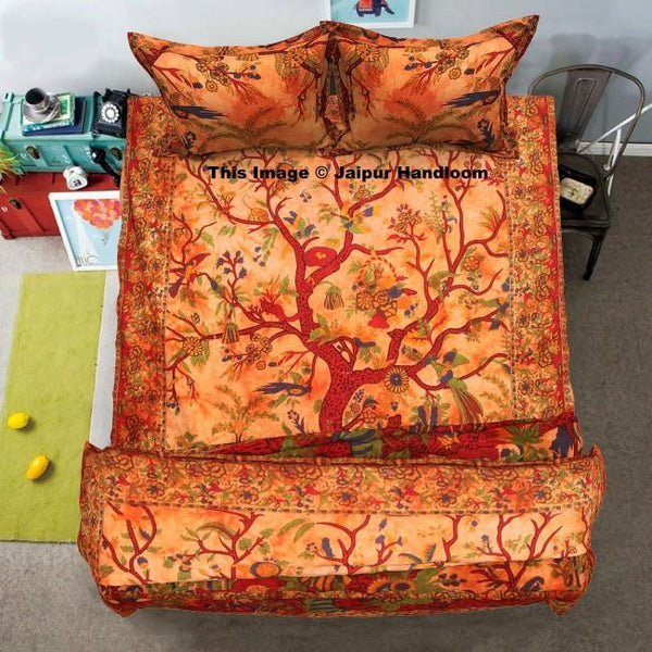 Orange tree of life bedding set with quilt cover bed cover and pillows-Jaipur Handloom