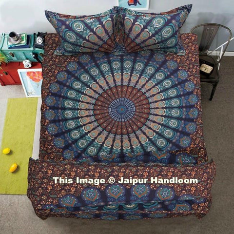 Peacock mandala 4pc bedding set with comforter cover bed cover and pillows-Jaipur Handloom