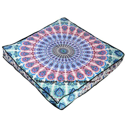 Peacock Mandala Floor Pillow Indian Ottoman Square Pouf Cover Outdoor Bean Bag-Jaipur Handloom