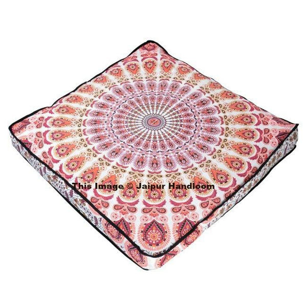 Peacock Mandala Indian Ottoman Outdoor Poufs Cover Square Floor Pillow Cover-Jaipur Handloom