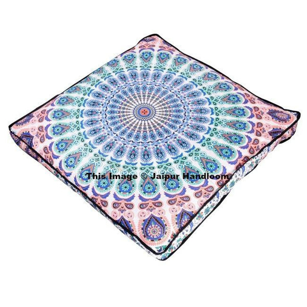 peacock mandala tapestry bohemian floor cushions 35" square floor pillow-Jaipur Handloom