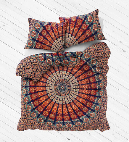 peacock printed mandala bedding set with 2 pillow covers-Jaipur Handloom
