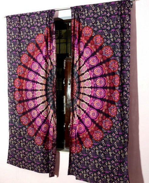pink and purple bohemian mandala curtains 2 panels window hanging-Jaipur Handloom