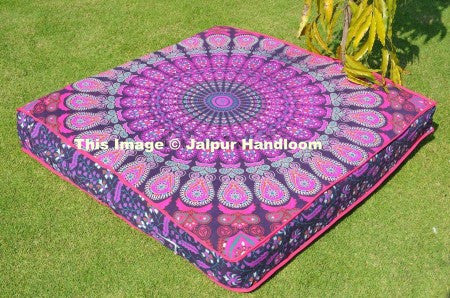 pink and purple mandala floor pillows indian cotton square poufs ottoman-Jaipur Handloom