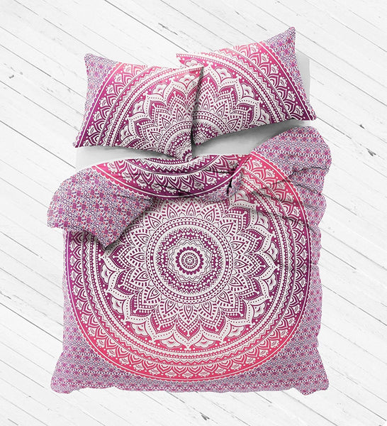 pink mandala duvet cover set queen cotton bedding with pillows - Dhara-Jaipur Handloom