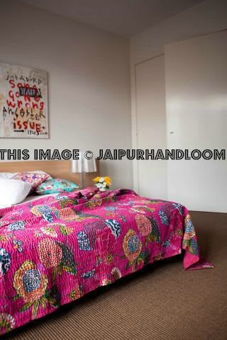 queen kantha quilt hand stitched queen bedspread indian handmade kantha blanket-Jaipur Handloom