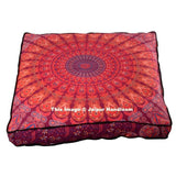 red mandala square floor cushion 35 inches indian pouf ottoman cover-Jaipur Handloom