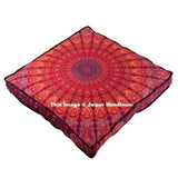 red mandala square floor cushion 35 inches indian pouf ottoman cover-Jaipur Handloom