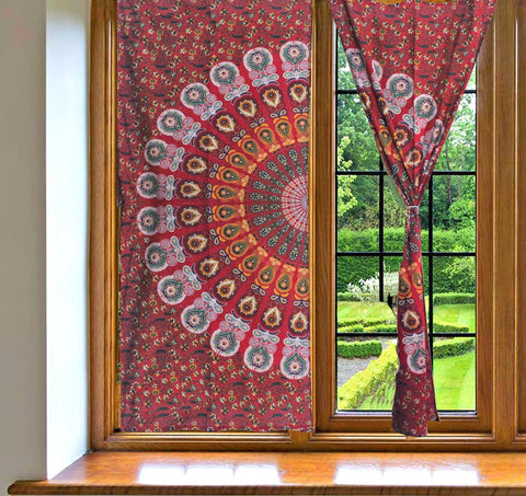 Red Mandala Tapestry Window Drapes Bohemian Indian Balcony Curtains-Jaipur Handloom