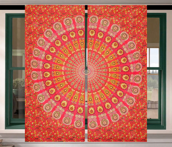 Red Mandala Window Hanging Indian Tapestry Door Drapes Window 2 Panel Curtains-Jaipur Handloom