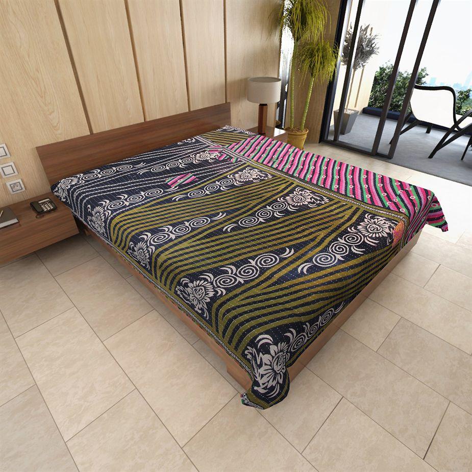 reversible kantha blanket hand stitched vintage kantha bedspread quilt-Jaipur Handloom