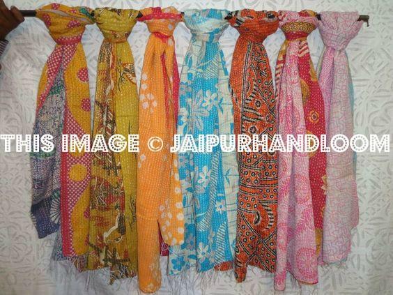 set of 10 sari kantha Scarf Quilted reversible Indian Stole Silk Sari Scarves