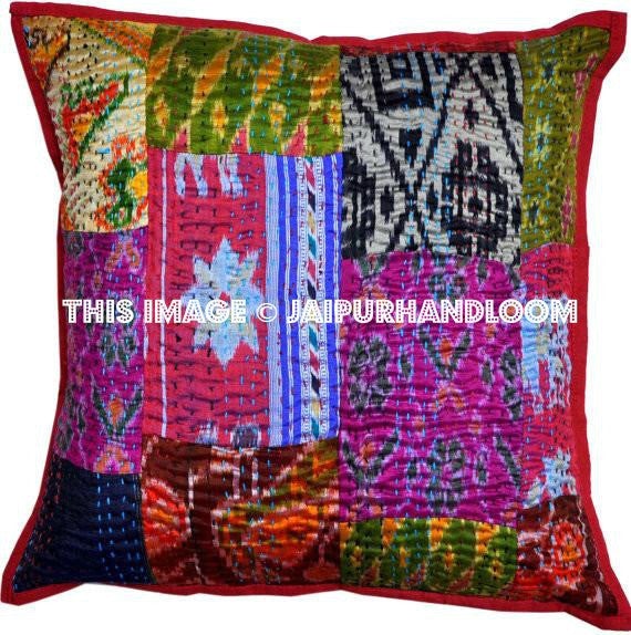 set of 10 silk patola kantha cushions decorative pillows for couch-Jaipur Handloom