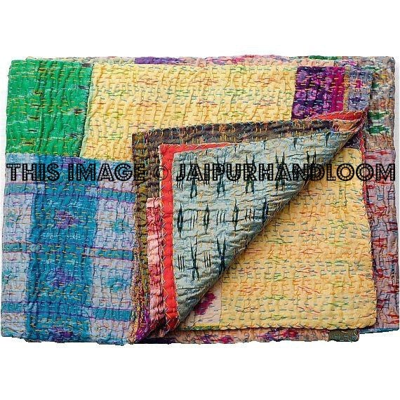 silk kantha throw sari blanket indian bedspread bed cover-Jaipur Handloom