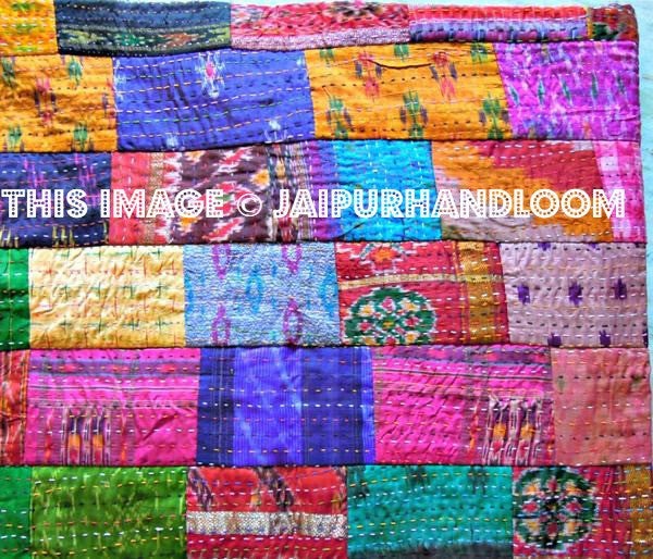 silk kantha throw sari blanket indian bedspread bed cover-Jaipur Handloom