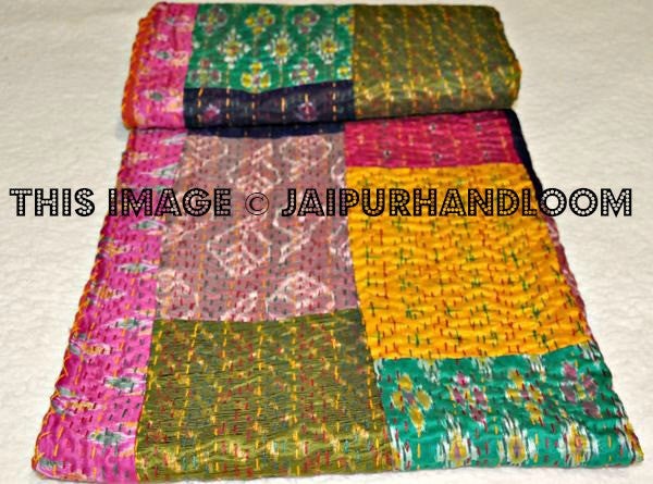 silk kantha throw sari blanket indian bedspread bed cover-Jaipur Handloom