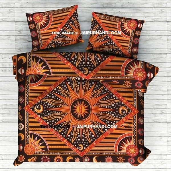 sun moon hippie bedspread with matching pillow large cotton bedding set-Jaipur Handloom