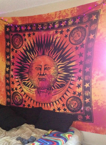 sun & moon tie dye tapestry psychedelic dorm room wall hanging tapestry-Jaipur Handloom
