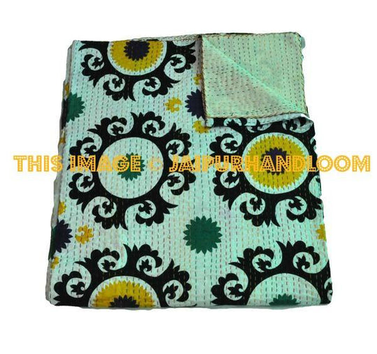 suzani kantha quilt in queen size bohemian kantha bedding hippie kantha throw blanket