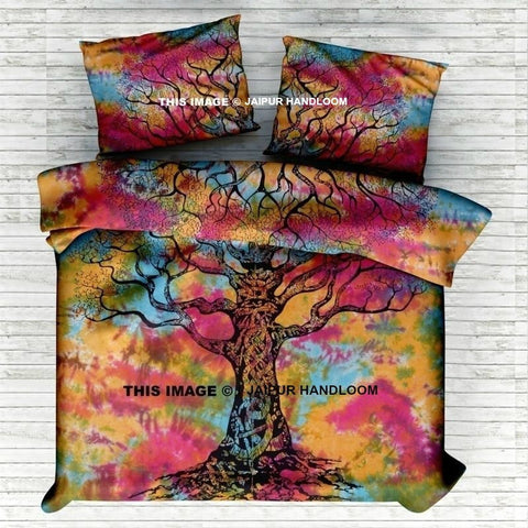 tie dye tree of life twin bedding set with matching pillow cases-Jaipur Handloom