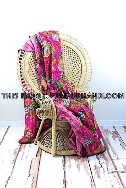 tropicana queen quilt fuchsia floral kantha bedding in queen size-Jaipur Handloom