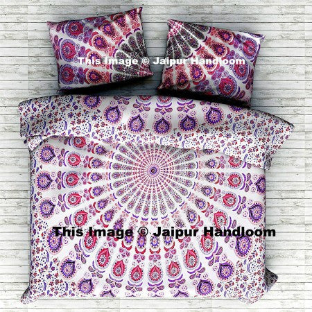white purple peacock mandala duvet cover with pillow cases in queen size-Jaipur Handloom