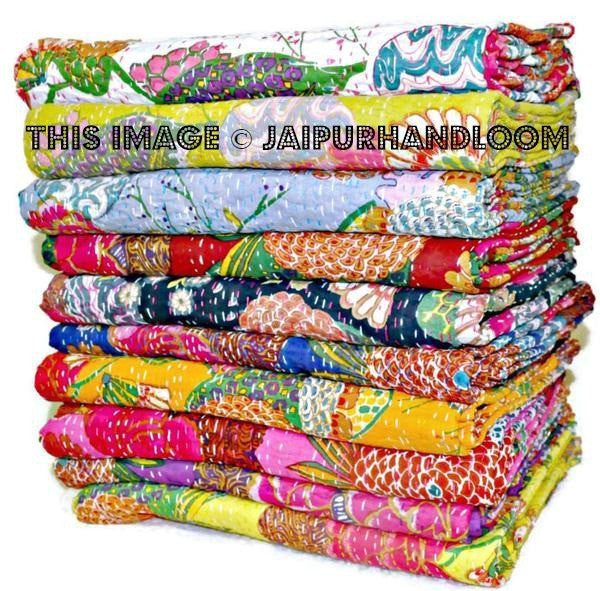 wholesale SET OF 5 kantha quilts queen kantha bedspread floral kantha blanket-Jaipur Handloom