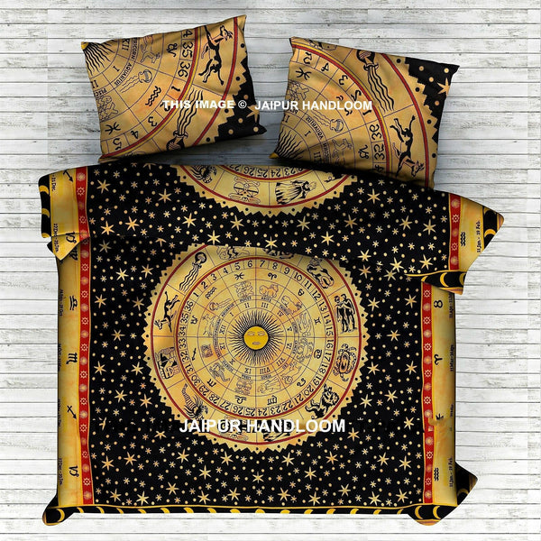 yellow horoscope large cotton bedding set and pillow cases-Jaipur Handloom