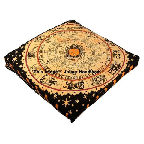 yellow horoscope tapestry floor cushion large square bohemian pouf ottoman-Jaipur Handloom