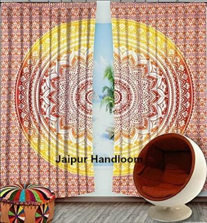 yellow mandala door drapes bohemian bedroom curtains boho window hanging-Jaipur Handloom