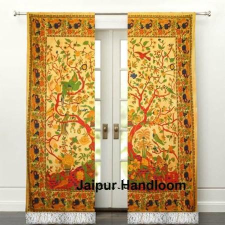 yellow tree of life door curtains indian cotton window curtains pelmets-Jaipur Handloom